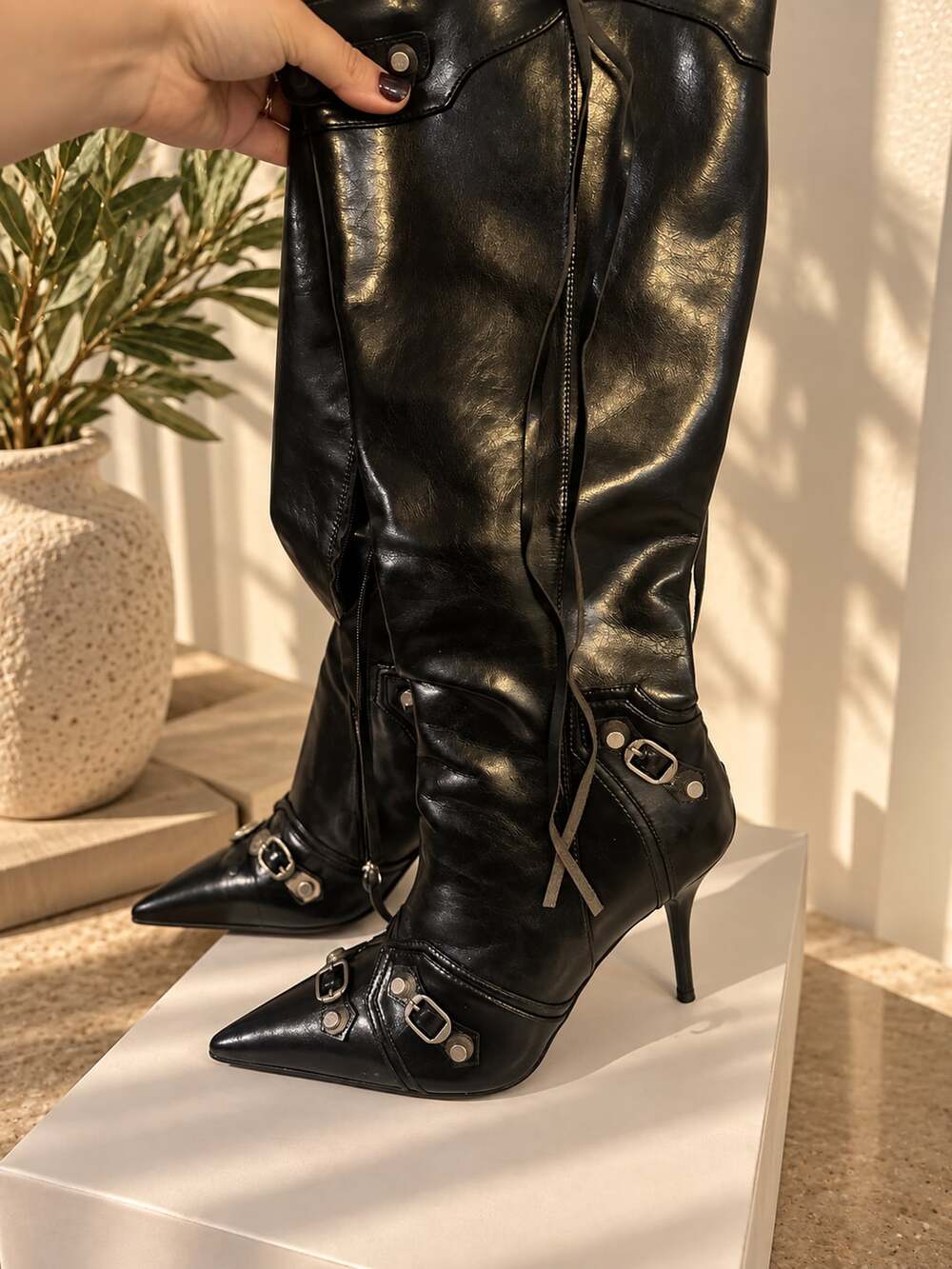 Vertundy Women's Black Pointed Toe Stiletto Heel Zipper Knee High Boots